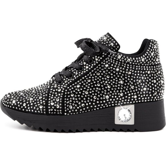 Women's Black Glitter Trendy Sequin Rhinestone High Top Sneakers Wedge Shoes - Picture 3 of 5